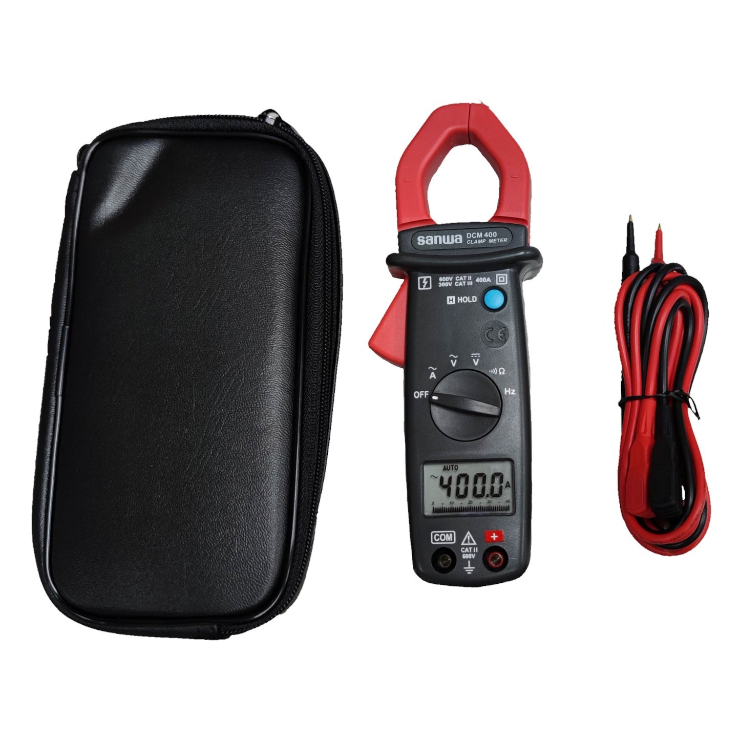 Sanwa Digital Clamp Meter DCM400 with protective case and test leads for electrical measurement