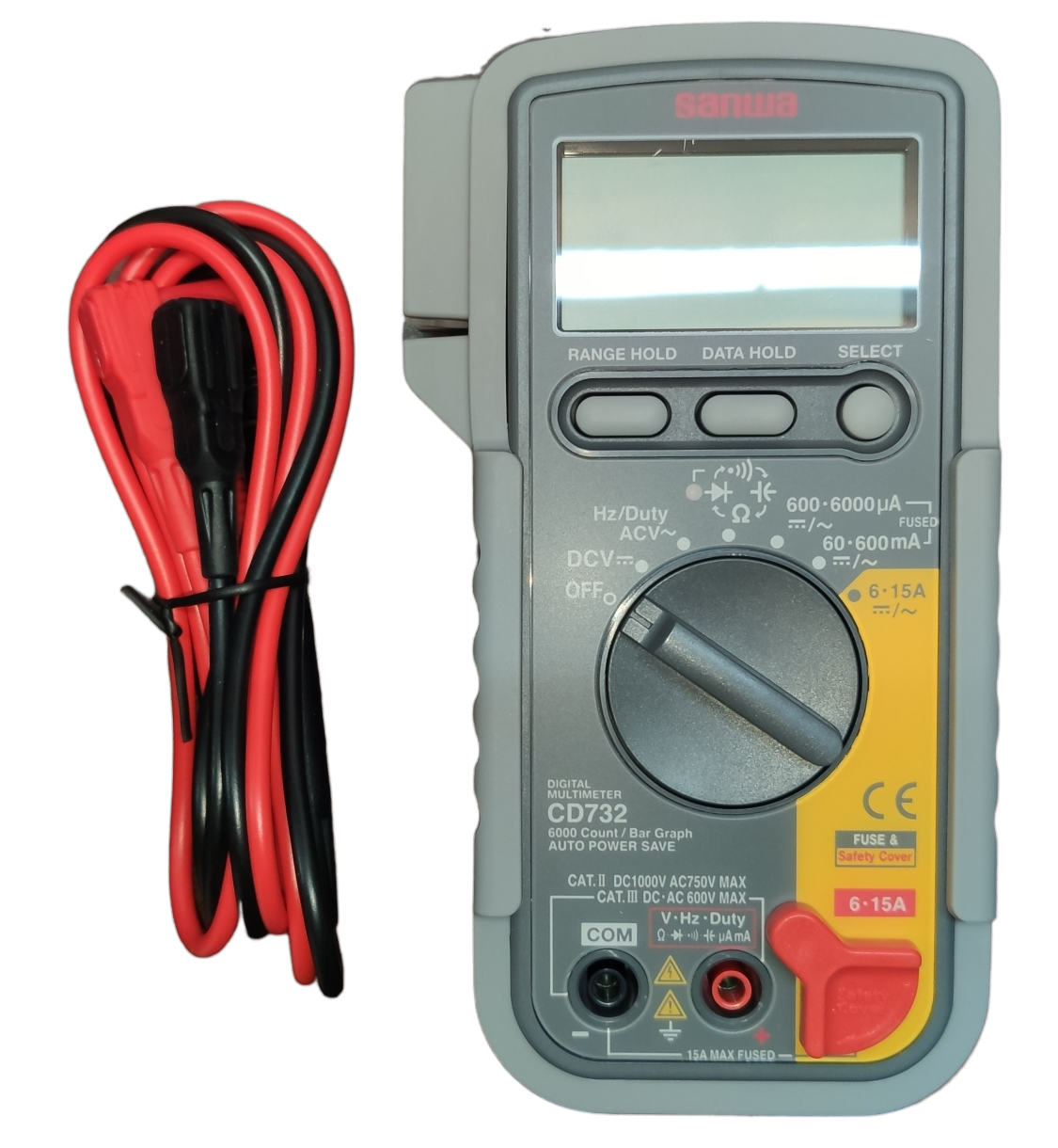 Sanwa Digital Multimeter CD732 with red and black test leads for electrical measurements