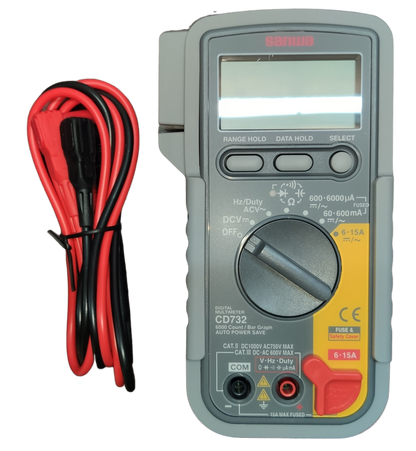 Sanwa Digital Multimeter CD732 with red and black test leads for electrical measurements