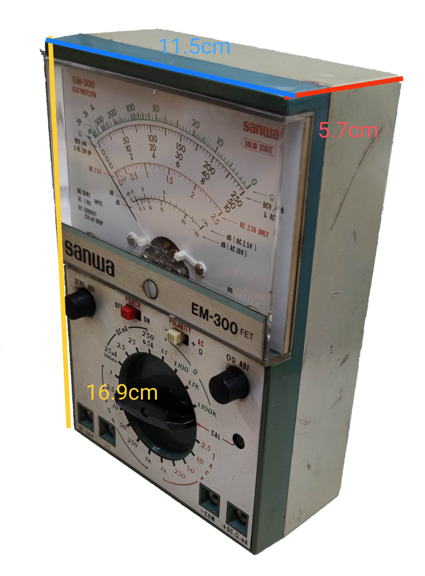 Sanwa Electrotester Solid State Tester EM-300 analog electrical trade tool with measurement dials and knobs