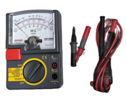 Sanwa Insulation Resistance Tester DM1009S with analog display and test leads for electrical measurements