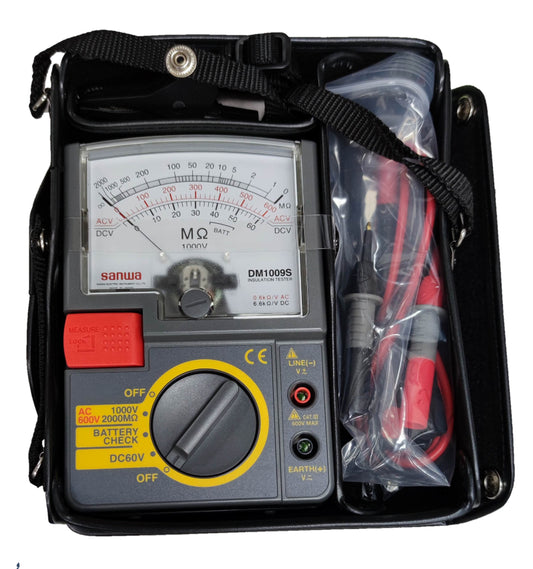 Sanwa Insulation Resistance Tester DM1009S with analog display and test lead set in carrying case