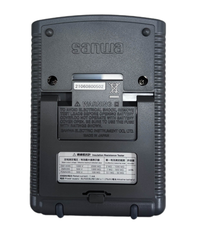 Back view of Sanwa Insulation Resistance Tester DM509S showing warning label and product details