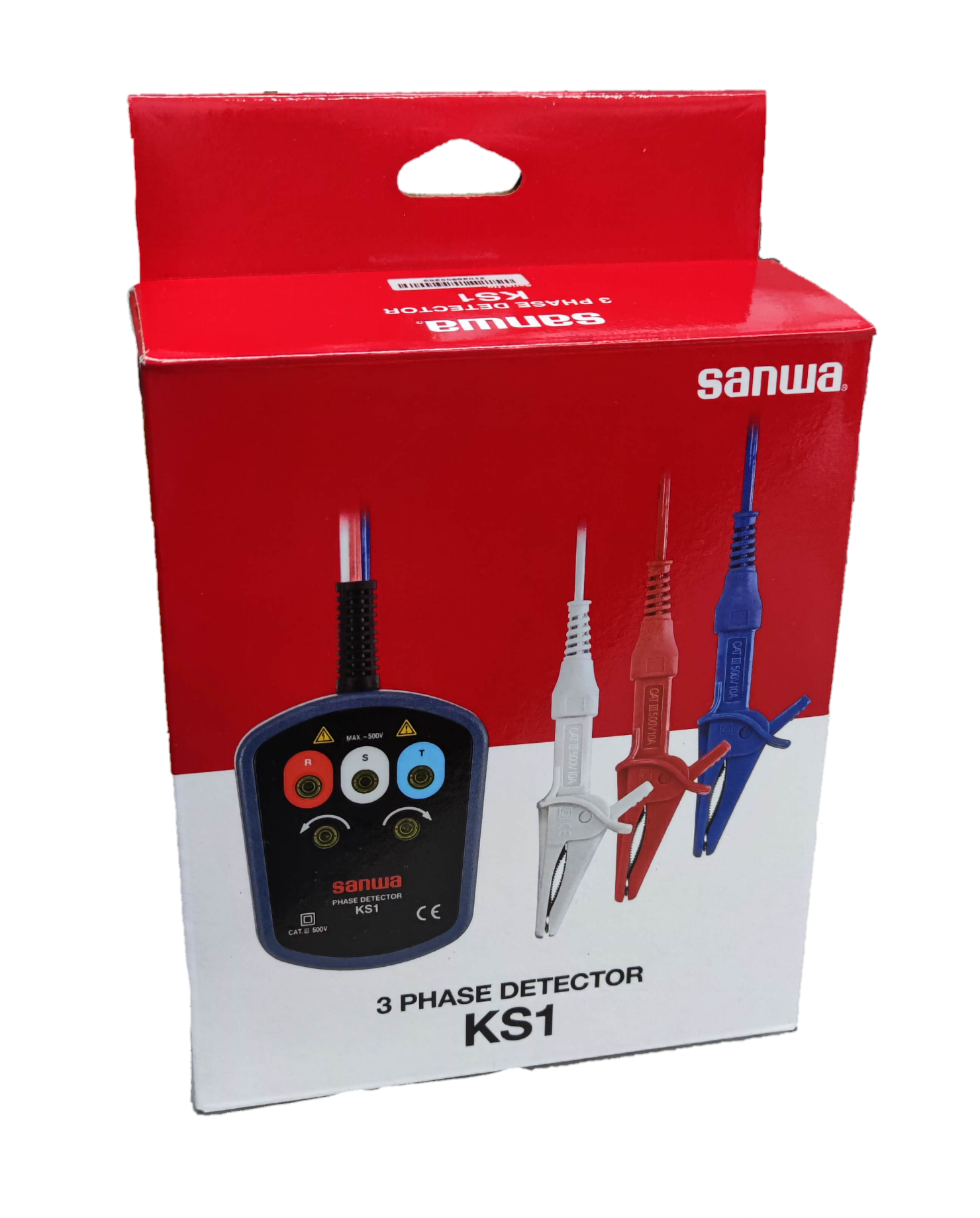Sanwa Phase Detector KS1 three-phase electrical tester with red blue and white test leads in packaging