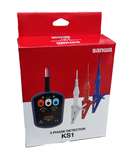 Sanwa Phase Detector KS1 three-phase electrical tester with red blue and white test leads in packaging