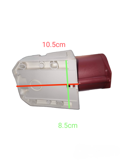 Sassin 32A industrial wall outlet with white and red casing showing side view and dimensions