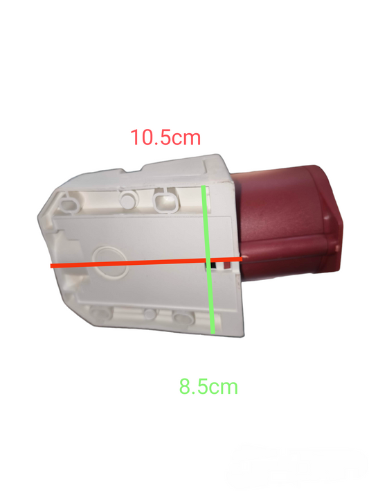 Sassin 32A industrial wall outlet with white and red casing showing side view and dimensions