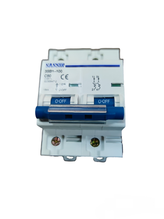 Sassin 80A 2 Pole Miniature Circuit Breaker with dual switches for electrical protection