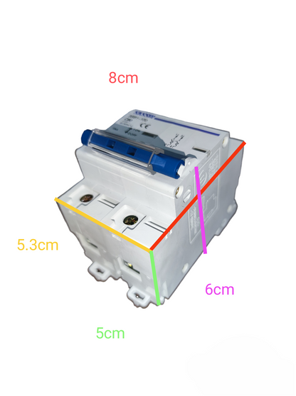 Sassin 80A 2 Pole Miniature Circuit Breaker with blue switch and labeled dimensions