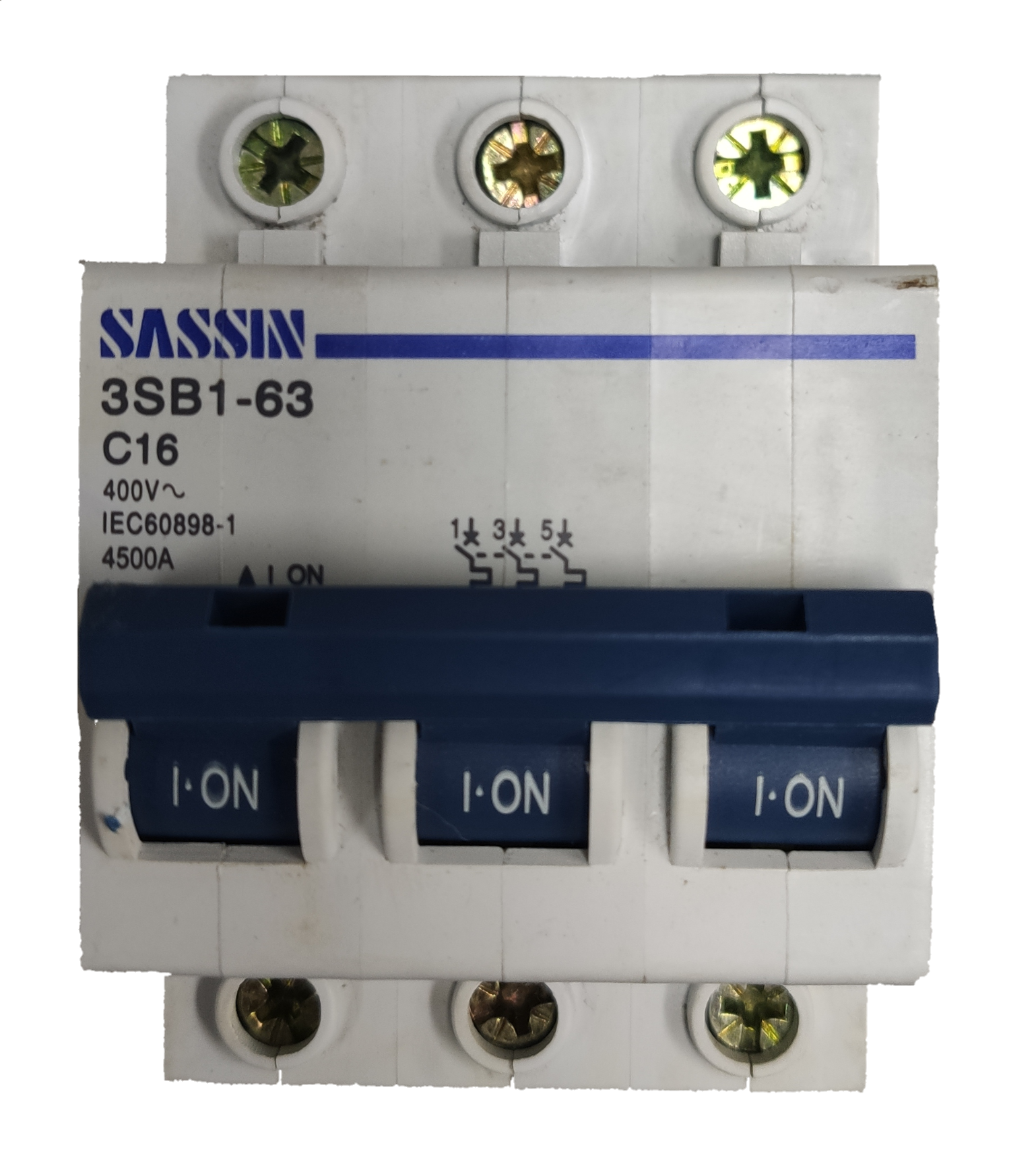 Sassin miniature circuit breaker 16A 3Pole electrical component with blue switches and white casing
