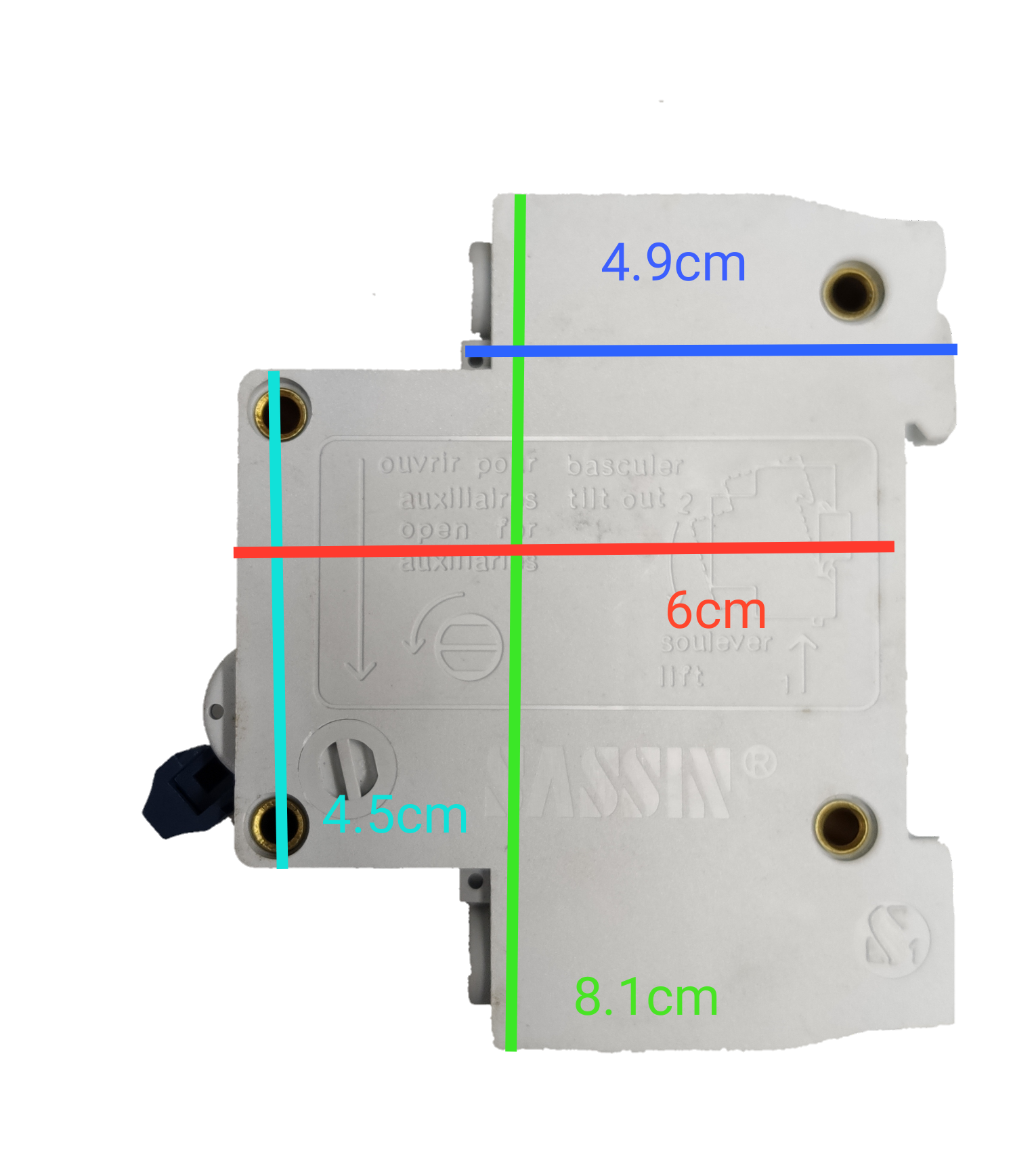 Sassin Miniature Circuit Breaker 25A 2Pole white electrical component with measured dimensions
