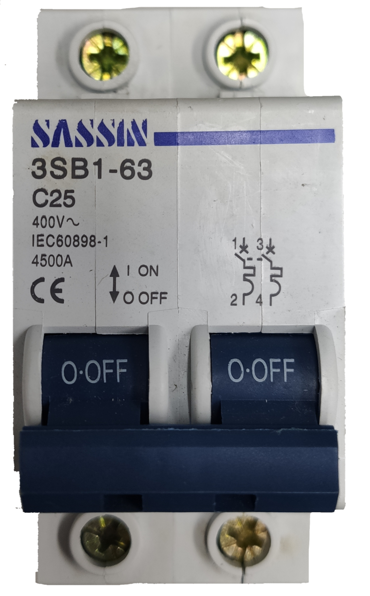 Sassin Miniature Circuit Breaker 25A 2Pole with on off switches and 400V rating