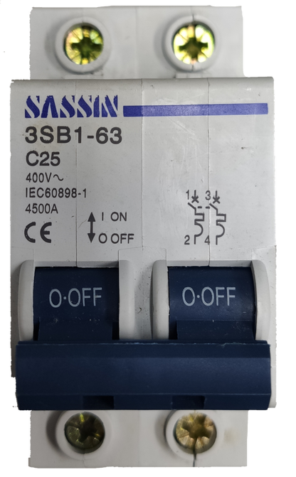 Sassin Miniature Circuit Breaker 25A 2Pole with on off switches and 400V rating
