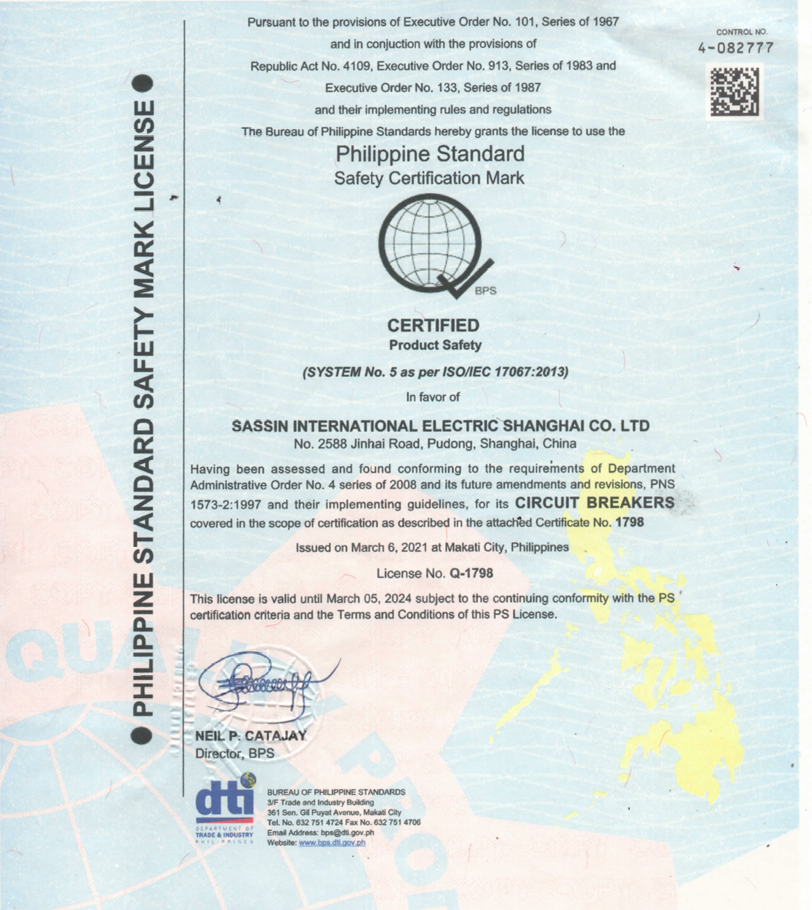 Philippine Standard Safety Certification Mark for electrical circuitry product by Sassin