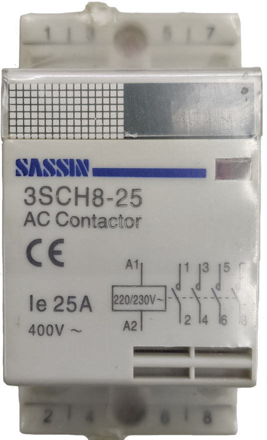 Sassin Miniature Contactor 25A 220V 4NO electrical circuitry part with model 3SCH8-25 and CE marking