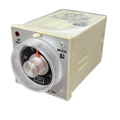 Sassin MULTI RANGE TIMER RELAY front panel with dial knob and mode switch Multi Range Timer 0-10 Sec 0-5 Sec