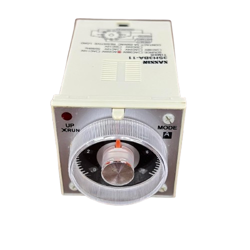 Sassin multi range timer relay with front rotary dial mode A switch and UP RUN LED Multi Range Timer 0-10 Sec 0-5 Sec