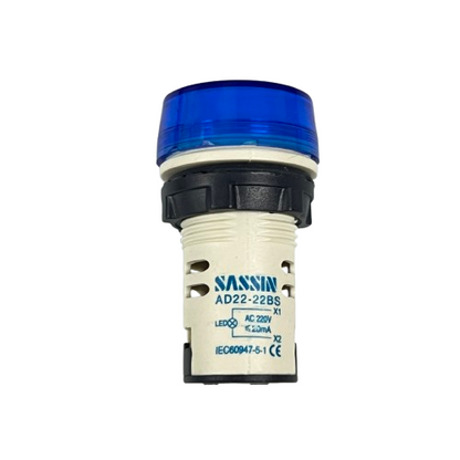Sassin Pilot Lamp BLUE 22mm 220V LED panel mount indicator light with blue lens and white body