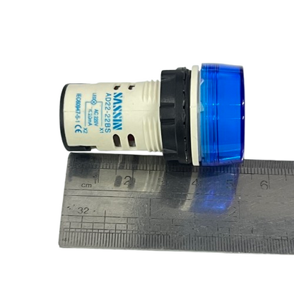 Side view of Sassin Pilot Lamp BLUE 22mm 220V LED panel indicator next to metal ruler