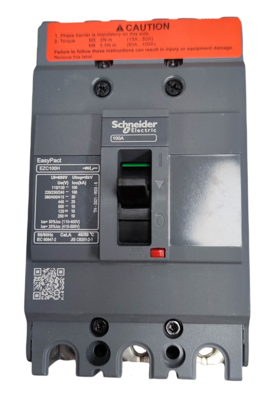 Schneider 100A 3Pole Industrial Circuit Breaker with clear labeling and safety warnings
