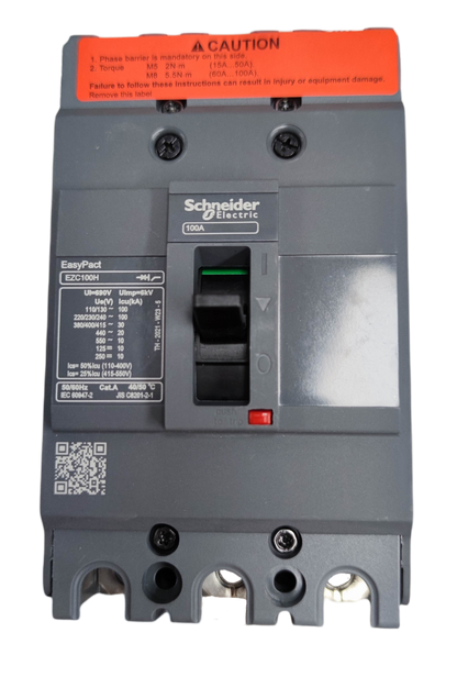Schneider 100A 3Pole Industrial Circuit Breaker with clear labeling and safety warnings