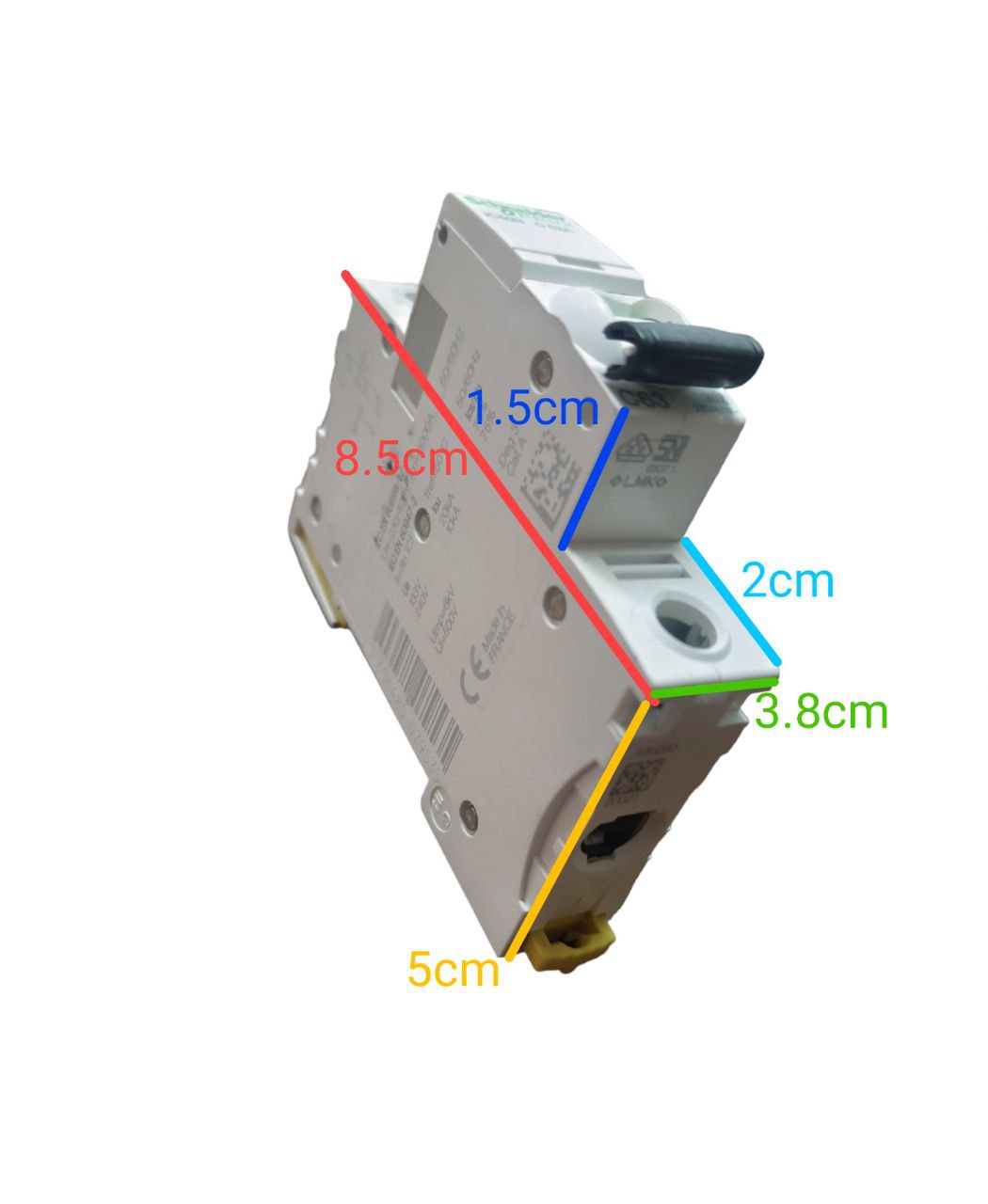 Schneider 10A Miniature Circuit Breaker 1 Pole 6KAIC with detailed dimensions for electrical circuitry