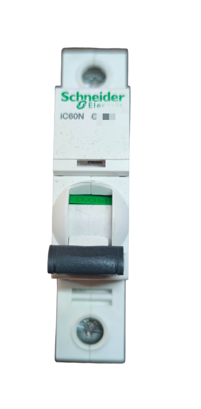 Schneider 10A Miniature Circuit Breaker 1 Pole 6KAIC with black toggle switch and white casing