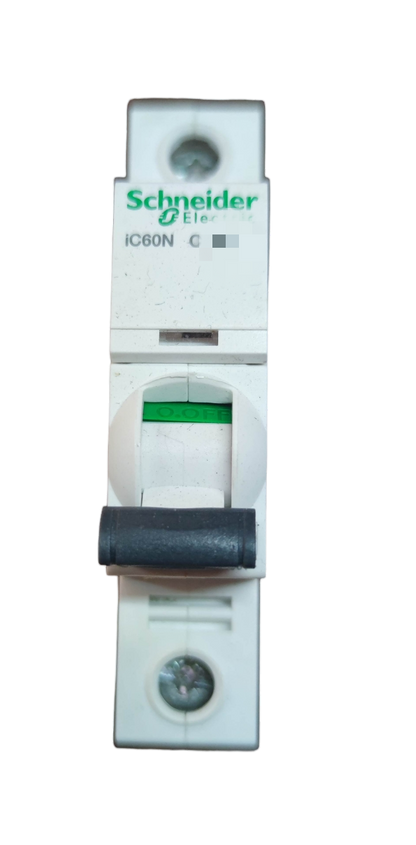 Schneider 10A Miniature Circuit Breaker 1 Pole 6KAIC with black toggle switch and white casing