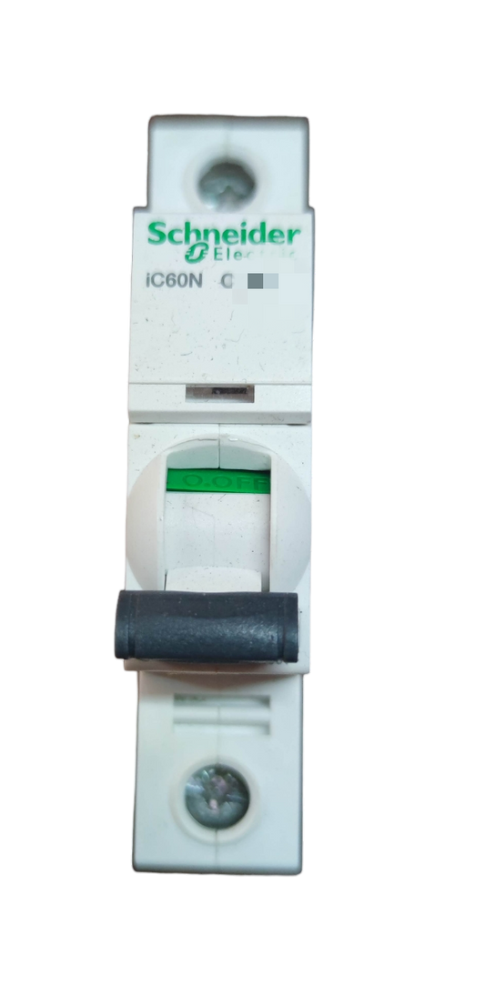 Schneider 10A Miniature Circuit Breaker 1 Pole 6KAIC with black toggle switch and white casing