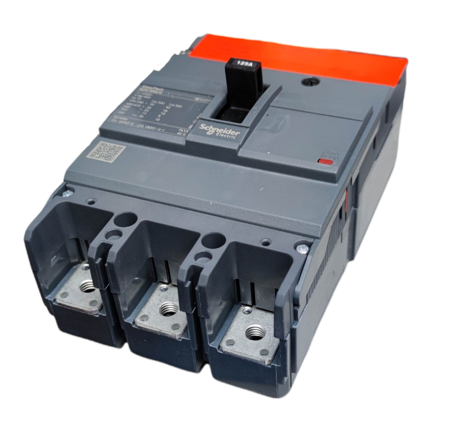 Schneider 125A 3 Pole Industrial Circuit Breaker with gray housing and black switch lever