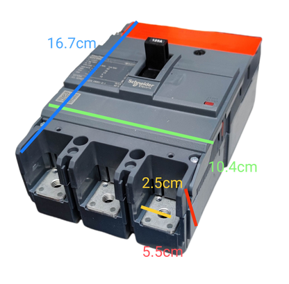 Schneider 125A 3 Pole Industrial Circuit Breaker with compact design and detailed measurements