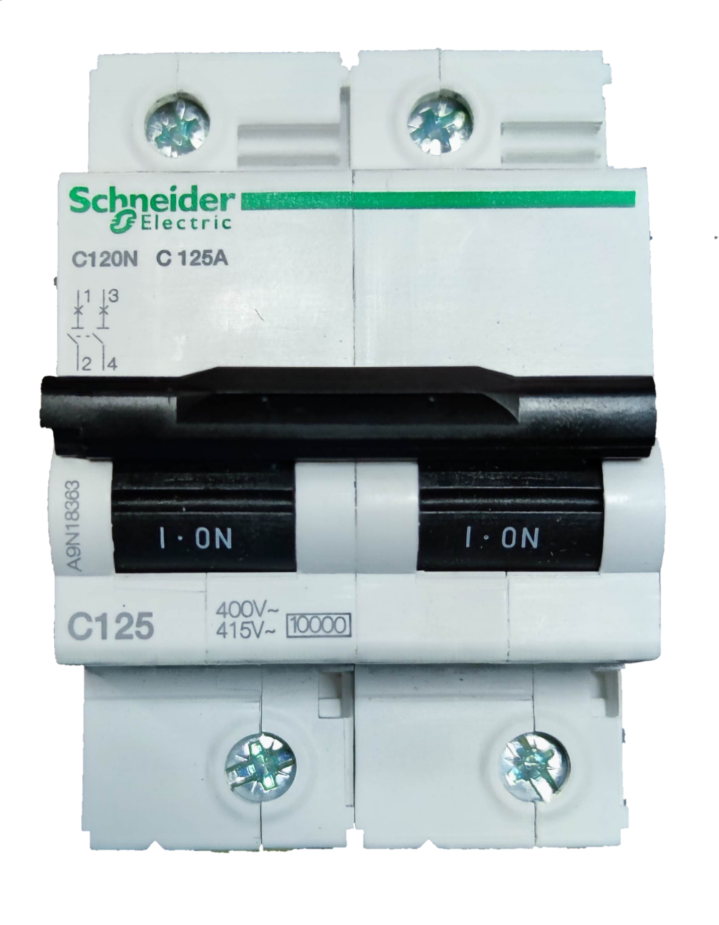 Schneider 125A Miniature Circuit Breaker 2 Pole in white with black switch for electrical protection