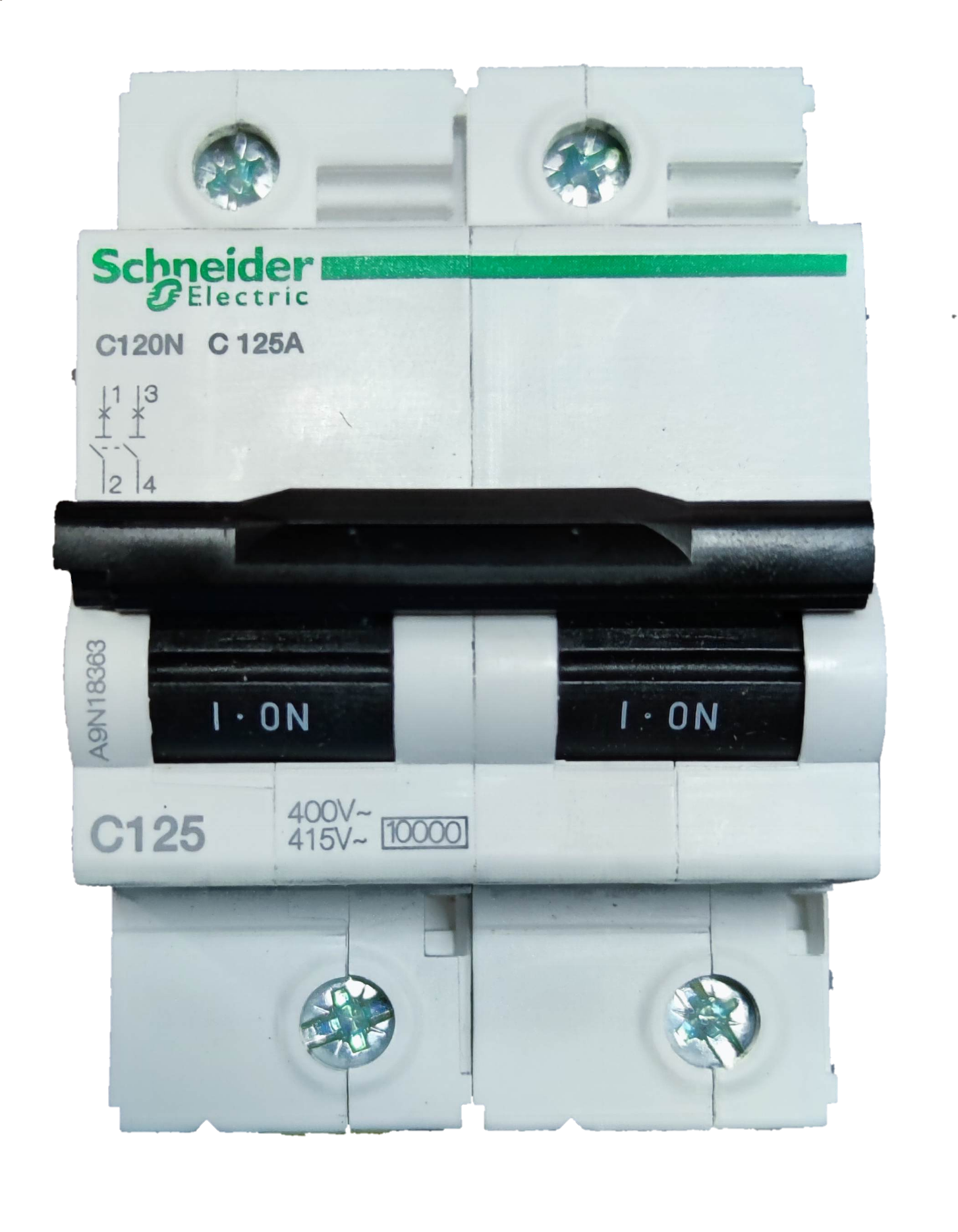 Schneider 125A Miniature Circuit Breaker 2 Pole in white with black switch for electrical protection