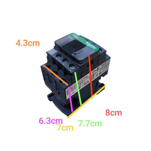 Schneider 12A Magnetic Contactor 220V - LC1D12 with clear dimensions shown for easy installation