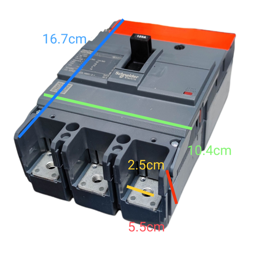 Schneider 160A 3 Pole Industrial Circuit Breaker with labeled dimensions for electrical circuitry applications
