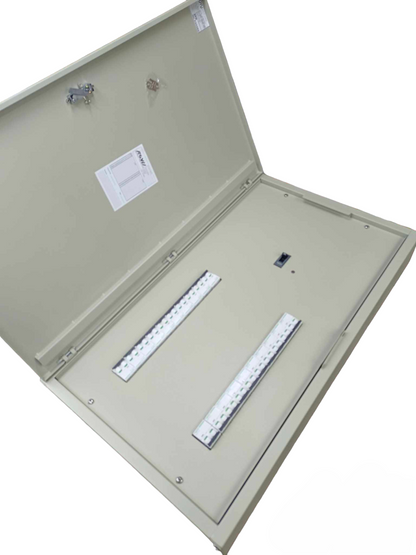 Open 160A panel board Schneider with metal casing and circuit breaker slots for power distribution
