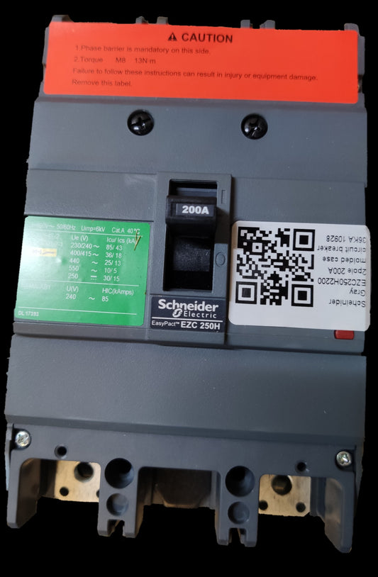 Schneider 200A 2 Pole Breaker Industrial Easy Pact with label and QR code for electrical circuitry and parts