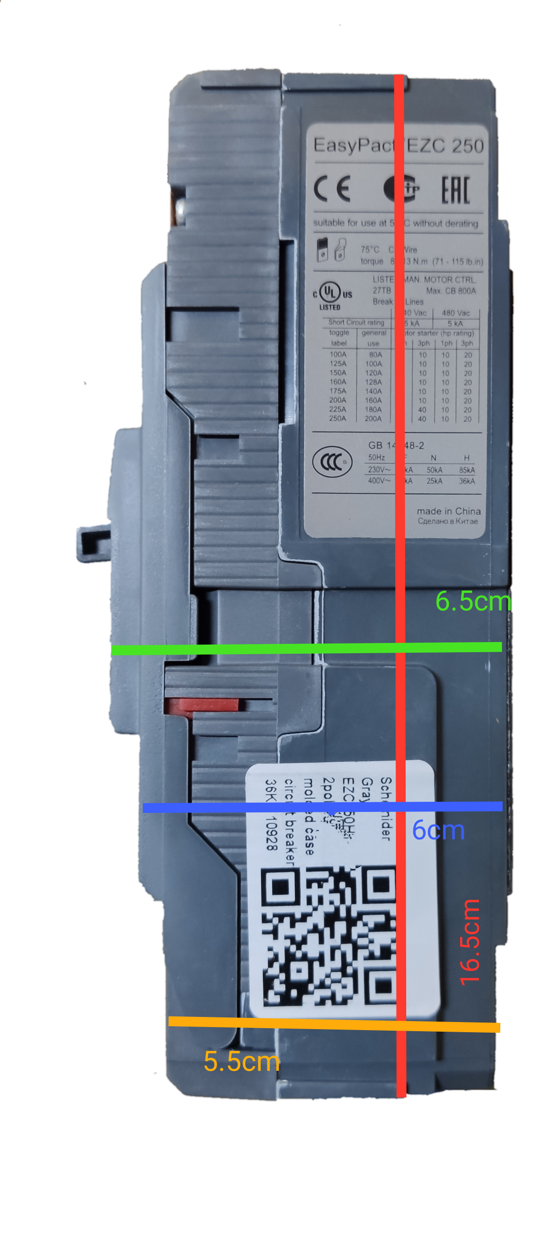 Schneider 200A 2 Pole Breaker Industrial Easy Pact with detailed label and QR code on black background