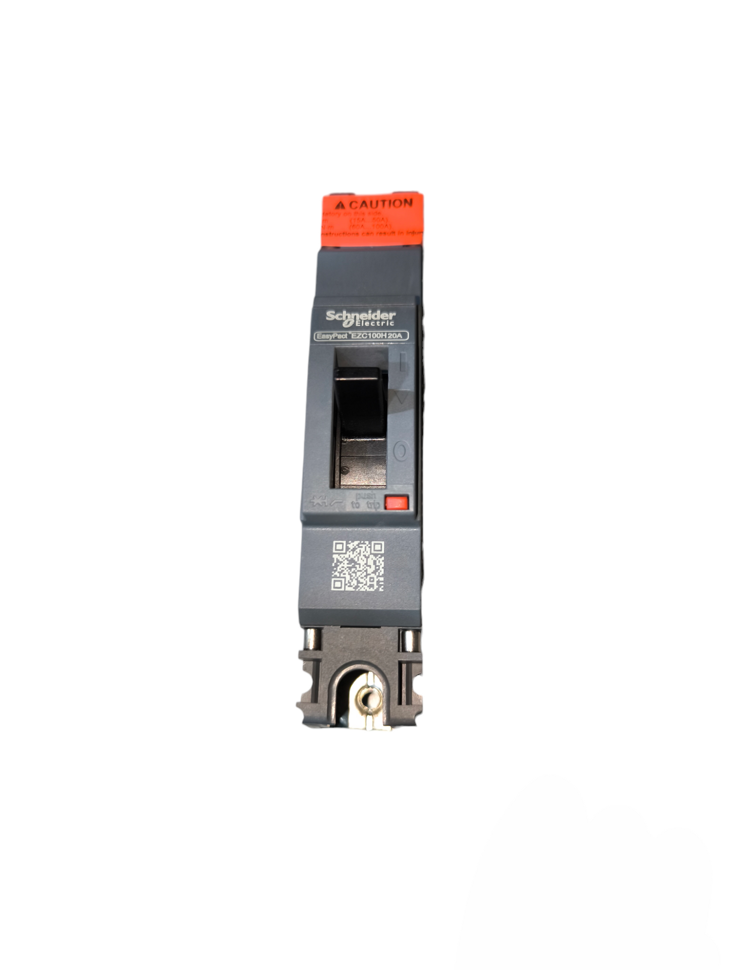 Schneider 20A 1 Pole Industrial Circuit Breaker with black switch and caution label
