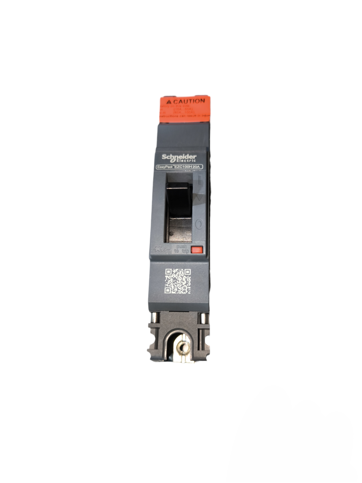 Schneider 20A 1 Pole Industrial Circuit Breaker with black switch and caution label