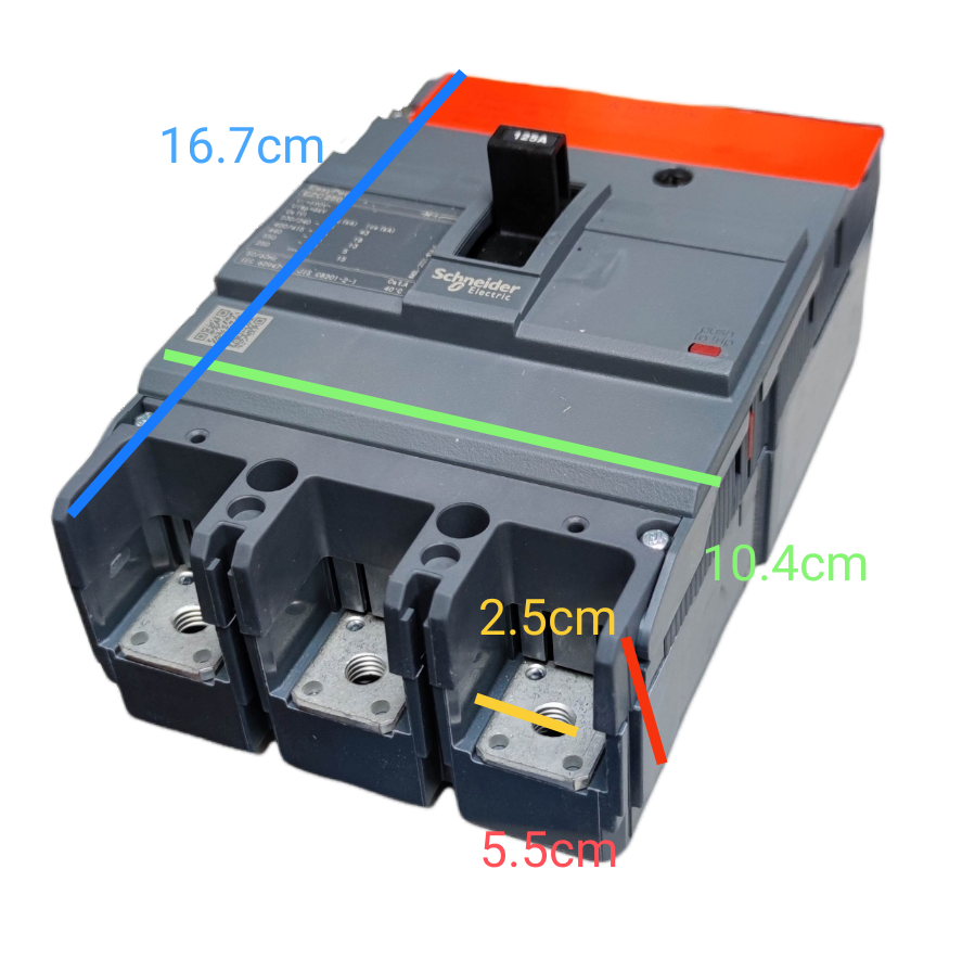 Schneider 225A 3 Pole Industrial Circuit Breaker with detailed measurements in gray and orange casing