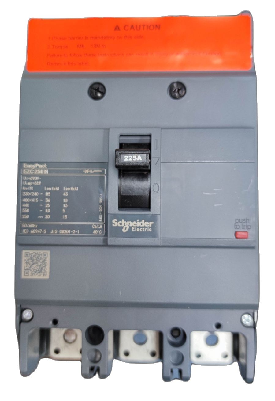 Schneider 225A 3 Pole Industrial Circuit Breaker with gray body and orange safety label