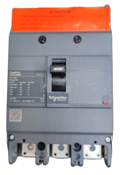 Schneider 225A 3 Pole Industrial Circuit Breaker with gray body and orange safety label
