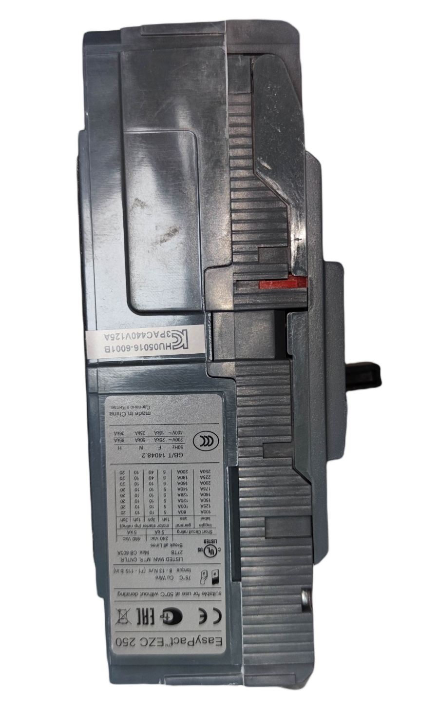 Schneider 225A 3 Pole Industrial Circuit Breaker with technical specification labels and switch handle