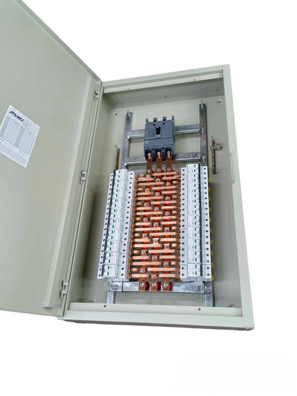 Open Schneider 225A panel board showing internal copper busbars and circuit breakers in a metal enclosure
