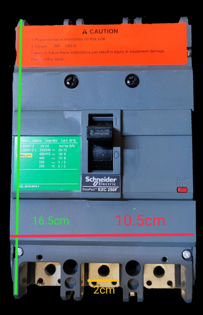Schneider 250A 3 Pole Industrial Circuit Breaker in gray with safety labels and terminal connections