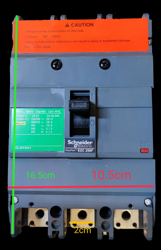 Schneider 250A 3 Pole Industrial Circuit Breaker in gray with safety labels and terminal connections