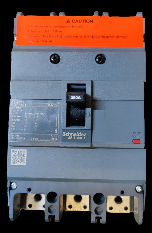 Schneider 250A 3 Pole Industrial Circuit Breaker with gray body and orange caution label