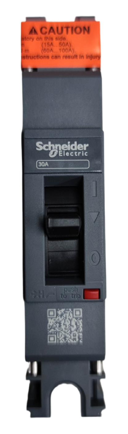Schneider 30A 1 Pole Industrial Circuit Breaker 25KAIC with black body and orange caution label