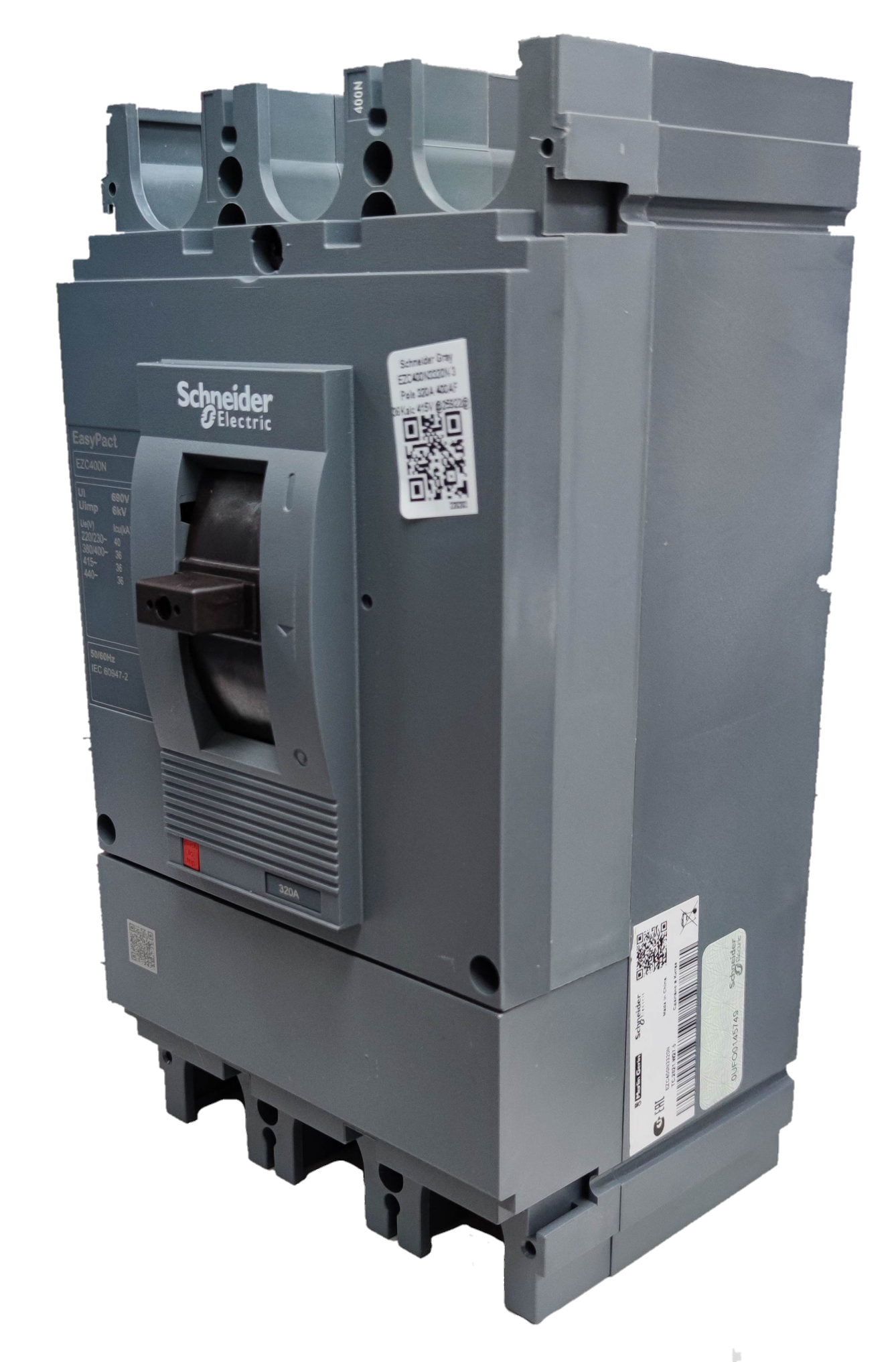 Schneider 320A 3 Pole Industrial Circuit Breaker with gray casing and black switch lever